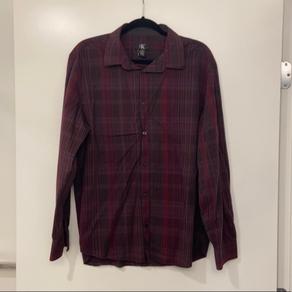 ✨Mens CALVIN KLEIN Maroon Red Gray Plaid Dress Shirt